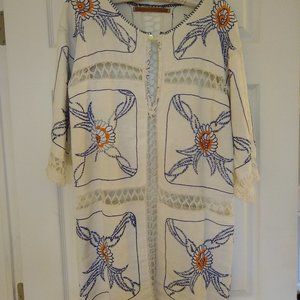 Ivory Summer Dress with Blue and Orange Embroidery S